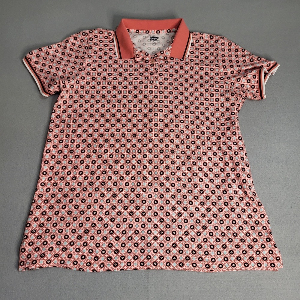 Lands End All Over Print Short Sleeve Polo Shirt Top Women's Size XL (16)